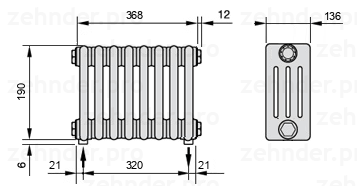 Схема (чертеж) Радиатор Zehnder Charleston 4019/8 №5310 Белый глянцевый RAL 9016